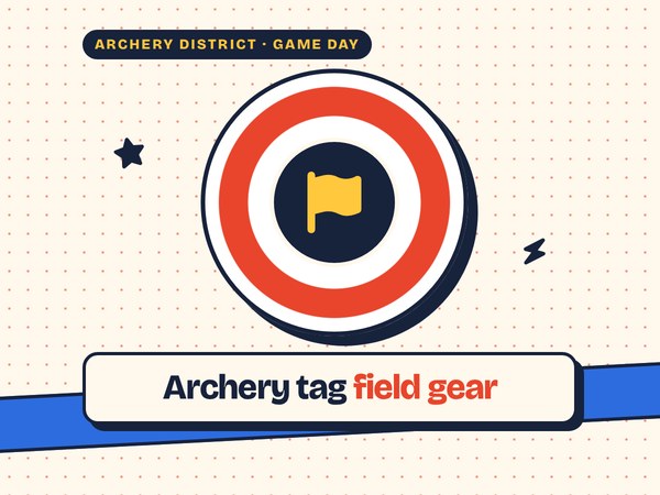 Archery District poster: archery tag field gear, a flag icon on a target