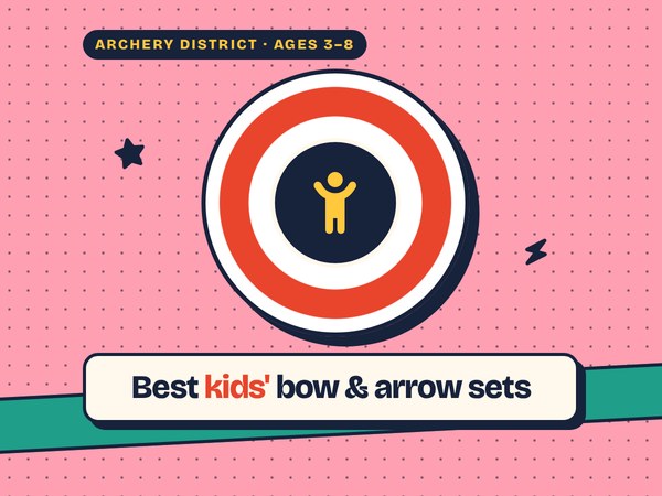 Archery District poster: best kids' bow and arrow sets, a child icon on a target